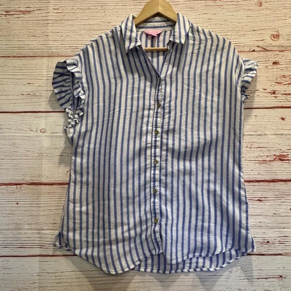 Lilly Pulitzer Leighton Shirt in Bennet Blue Beachy Yard Stripe Sz M - Picture 4 of 12